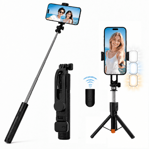36Inch Extendable Phone Selfie Stick with Wireless Remote, Tripod Stand and Fill Light, Portable, for Photograph, Live Streaming, Video Recording, Compatible with iPhone Samsung Android,Black