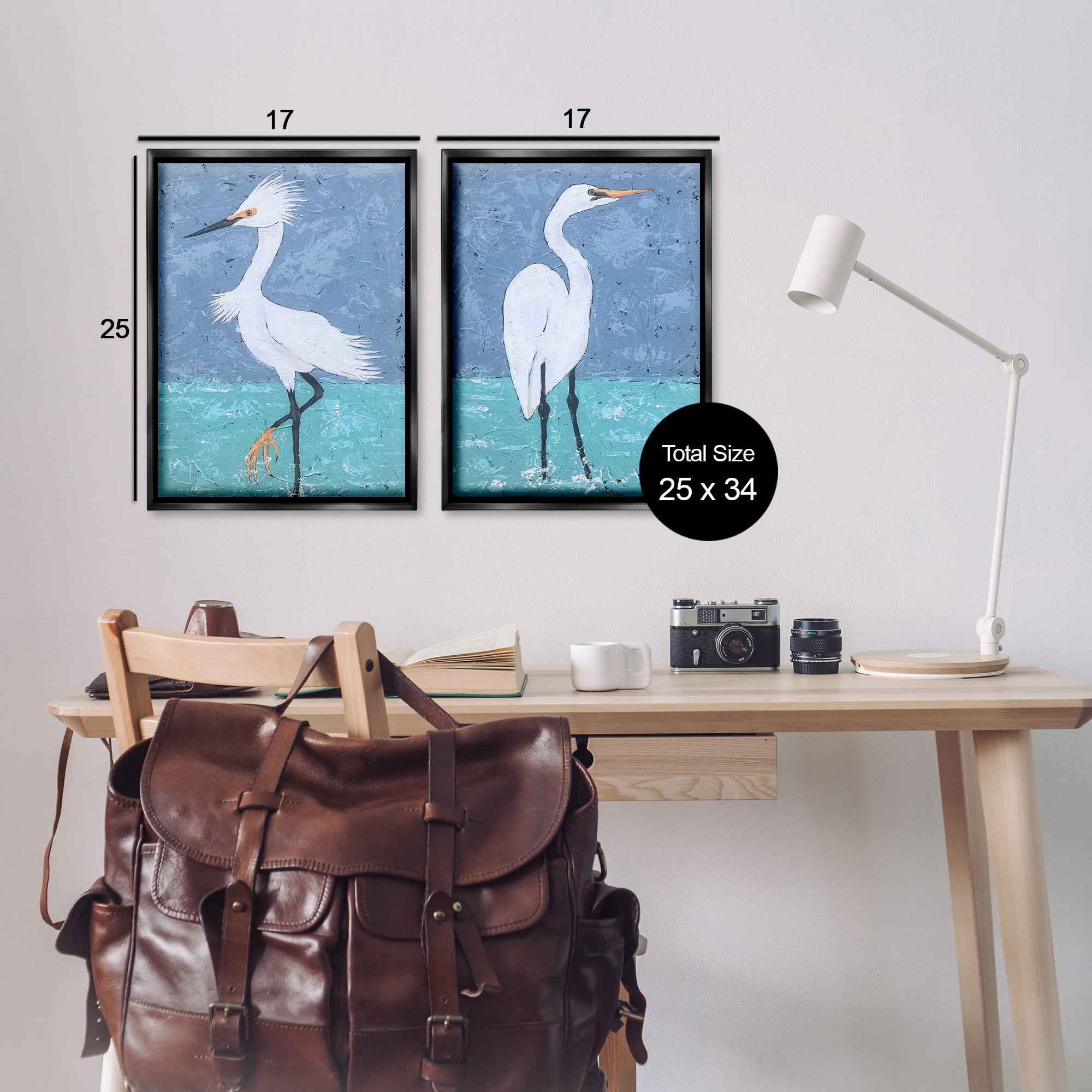 Stupell Industries Snowy Egret Pond Animals Painting Black Floater Framed Canvas Art Print Wall Art, 17 x 25, Set of 2