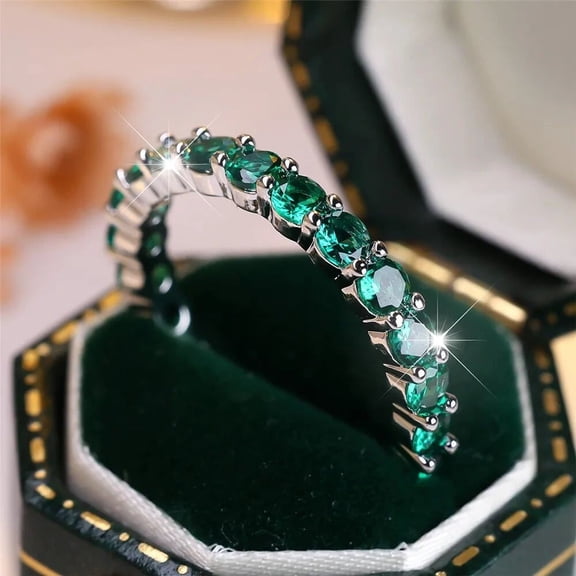 2Ct Round Cut Simulated Green Emerald Women's Valentine Full Eternity Ring 14K White Gold Plated Silver