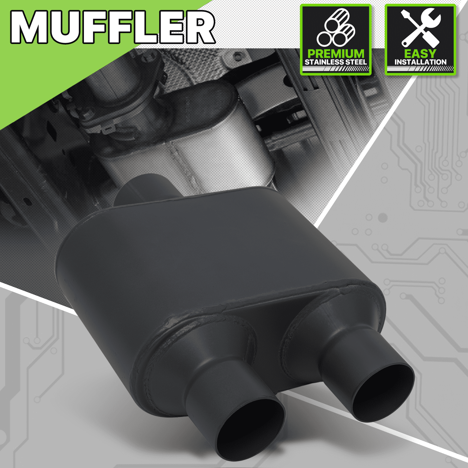 Magshion Black 2.5" Inlet 2.25" Outlet Stainless Steel Dual Chambered Exhaust Muffler Straight-Through Round Tip