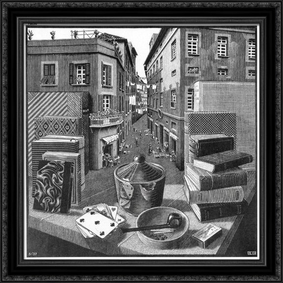 Still Life and Street 28x28 Large Black Ornate Wood Framed Canvas Art by M.C. Escher