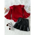 thumbnail image 3 of Qiylii Girls Christmas Skirt Clothes Set, Long Sleeve Crew Neck Velvet Romper with PU Leather A-line Skirt,6M-4Years, 3 of 9