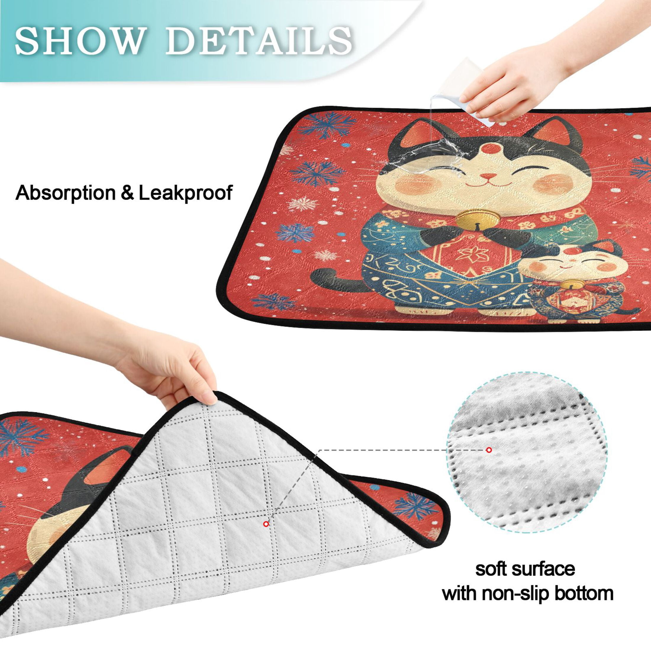 Qxltty Illustration Of Fortune Cats with Blue Snowflakes Cat litter Pads Pet Set of 3 Diaper Mats Center Anti-leakage Layer Absorbent Soft and Comfortable