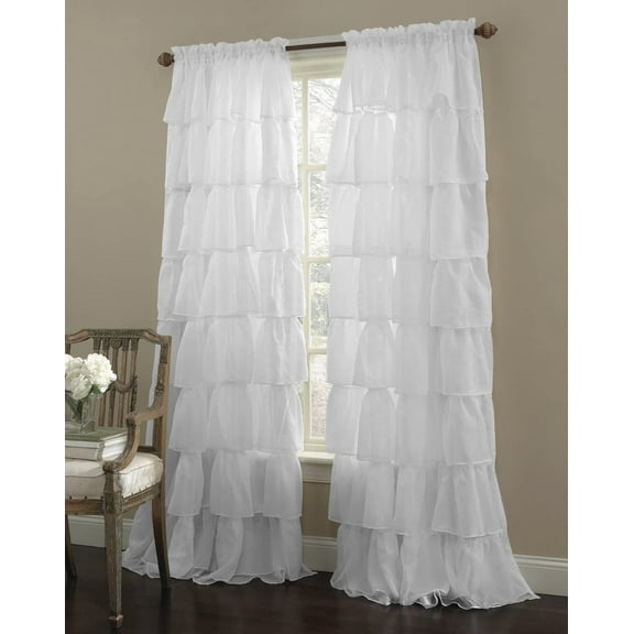 2 Piece Gypsy Ruffled Crushed Voile Sheer Window Curtain Panel Drapes (White, 55" X 84")