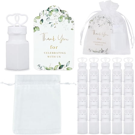 100 Sets Wedding Party Favors White Mini Bubble Bottles Greeting Card Goodie Bag Wedding Bubbles for Guests, Anniversary, Engagement, Celebration