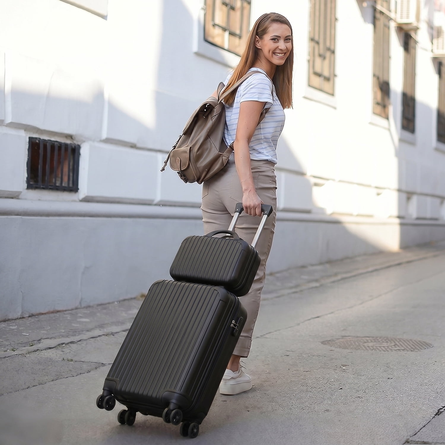 2 Piece Vertical Striped Luggage Set, Carry On Hardside Suitcase with Spinner Wheels & TSA Lock, Lightweight Travel Luggage with Cosmetic Case Black