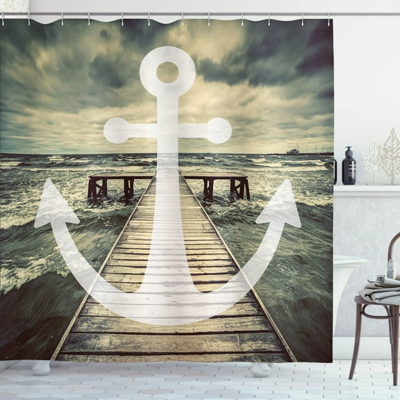 Ambesonne Nautical Shower Curtain, Anchor Ocean Waves, 69"Wx75"L, Grey and Brown