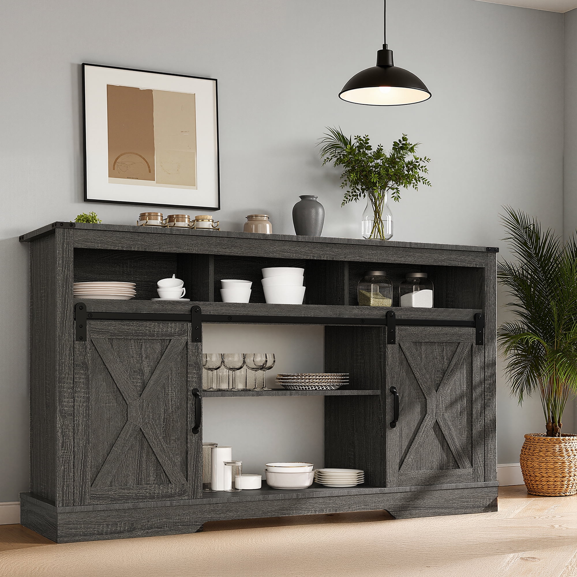 May in Color 34'' Tall TV Stand for 65"+ Inch TV, Farmhouse TV Console for 23" Fireplace, with Sliding Bar Door, Rustic Entertainment Center for Living Room, Bedroom (Dark Grey)