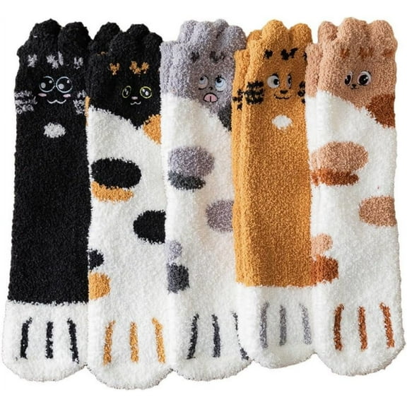 Women Cat Claw Socks 5PCS Cute Winter Plush Fleece For Warmth Socks Floor Sleeping Hosiery(A), Multi, M