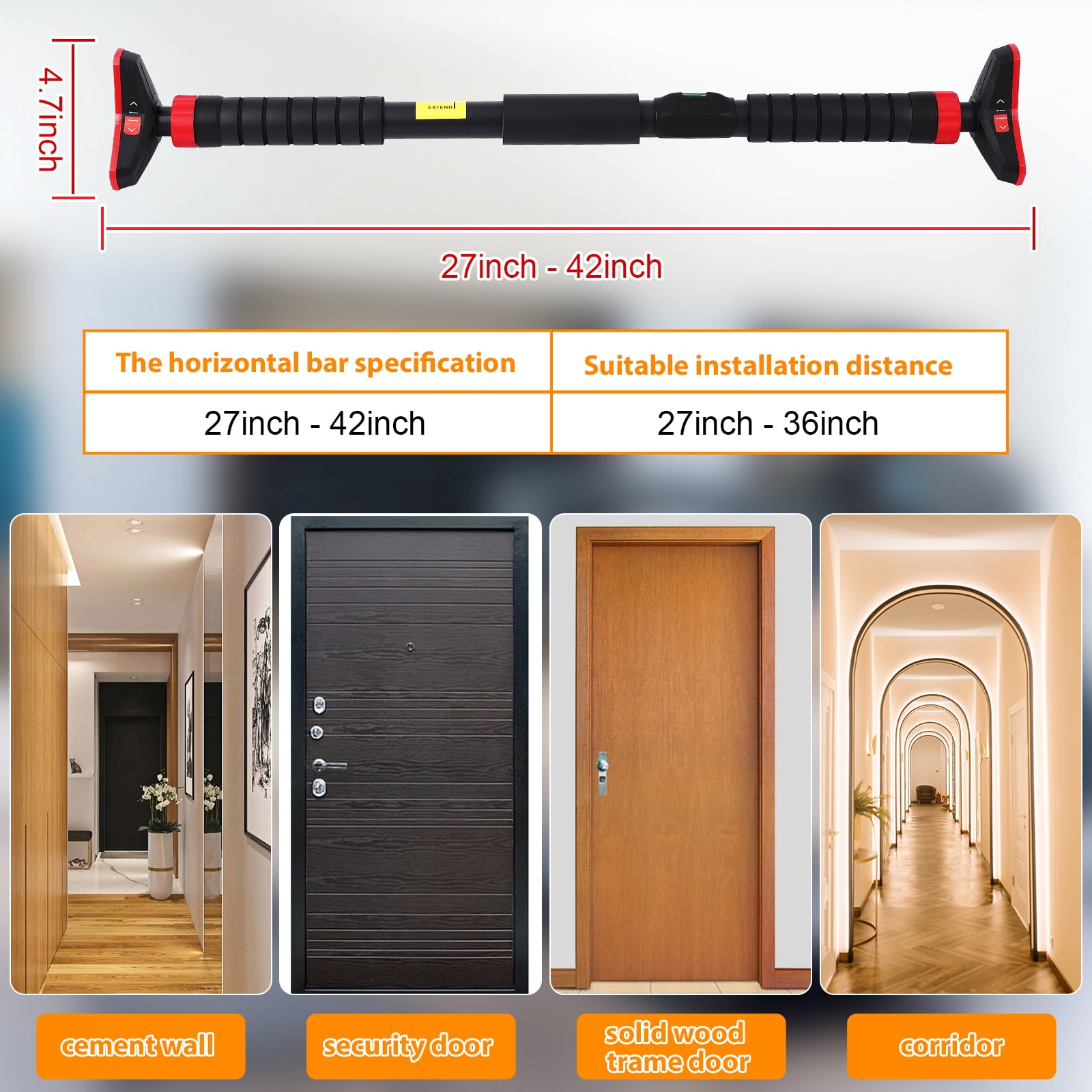 JoanKaren Pull up Bar for Doorway,Chin up Bar with Level Meter,Adjustable Width,No Screws Required,Red&Black