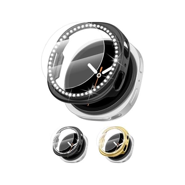 wonima44 [2+2 Pack Bling Case for Samsung Galaxy Watch 8 Screen Protector 44mm, Tempered Glass Glitter Diamond Bumper Face Cover for Galaxy Watch 8 Accessories 44mm Galaxy Watch Case for Women