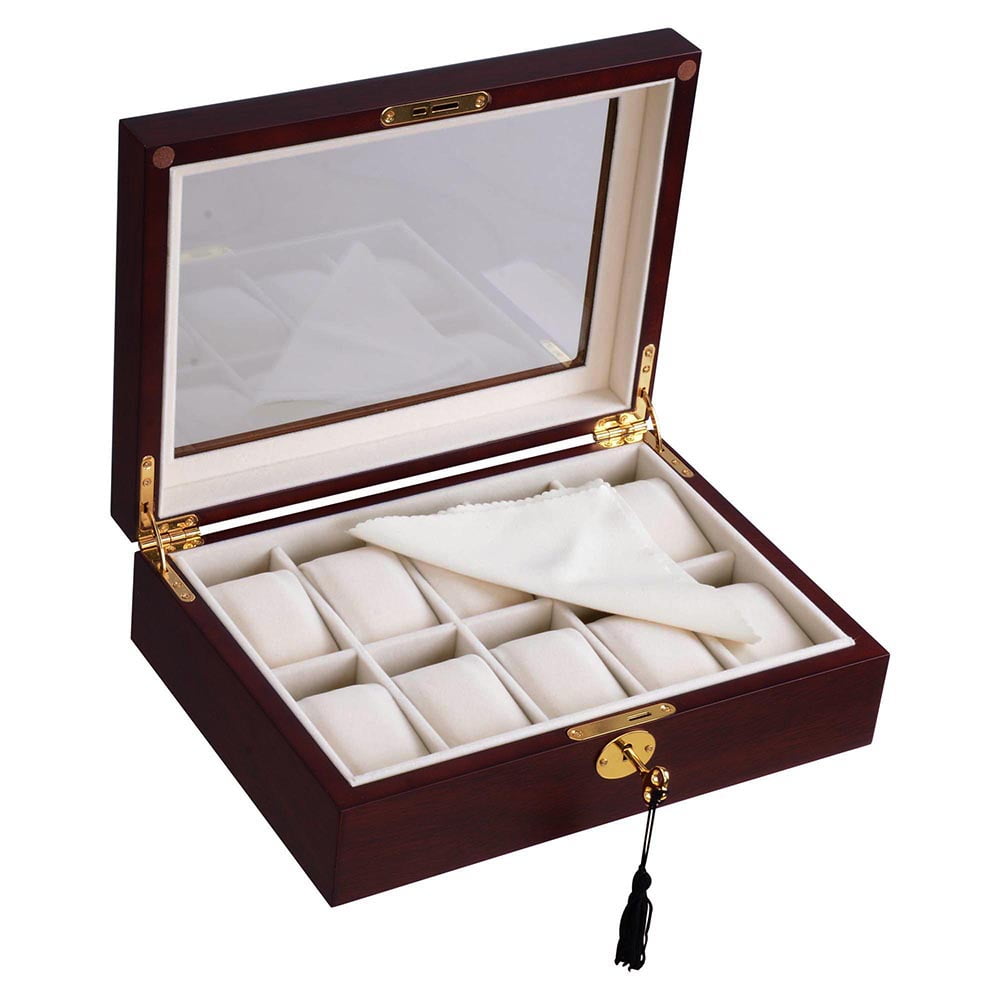 10 Slot Wooden Watch Display Case Glass Top Jewelry