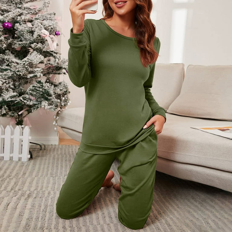 Aayomet Womens Pajamas Set Women's Pajamas Sets Long Sleeve with Plaid  Pants Soft Sleepwear O Neck 2 Piece Pjs Joggers Loung Set with Pockets,Army