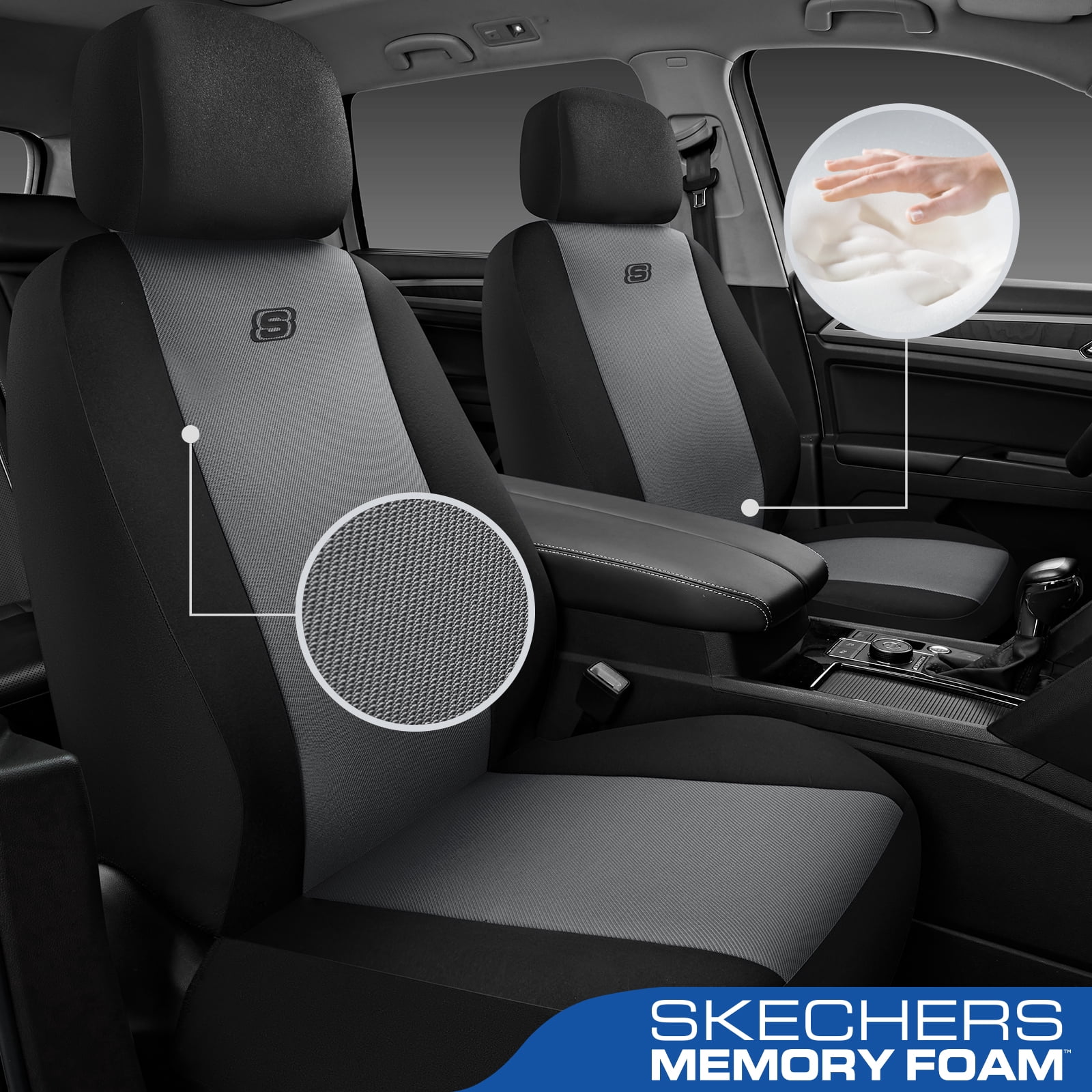 Skechers Memory Foam Fabric Car Seat Cover, Breathable, Comfortable Support, Easy Install, Stylish Design, Universal Fit for Cars and SUVs Gray
