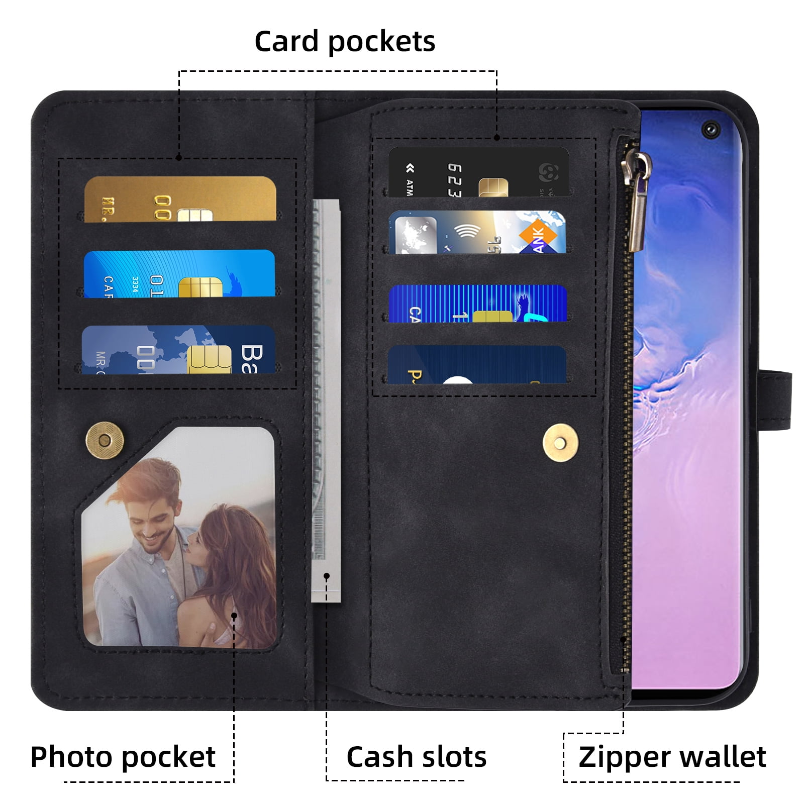 Asuwish Phone Case for Samsung Galaxy S10 Wallet Cover With Tempered Glass Screen Protector Crossbody Wrist Strap Flip Pattern Zipper Credit Card Holder Stand Cell S 10 Edge 10S GS10 X10 Women Black