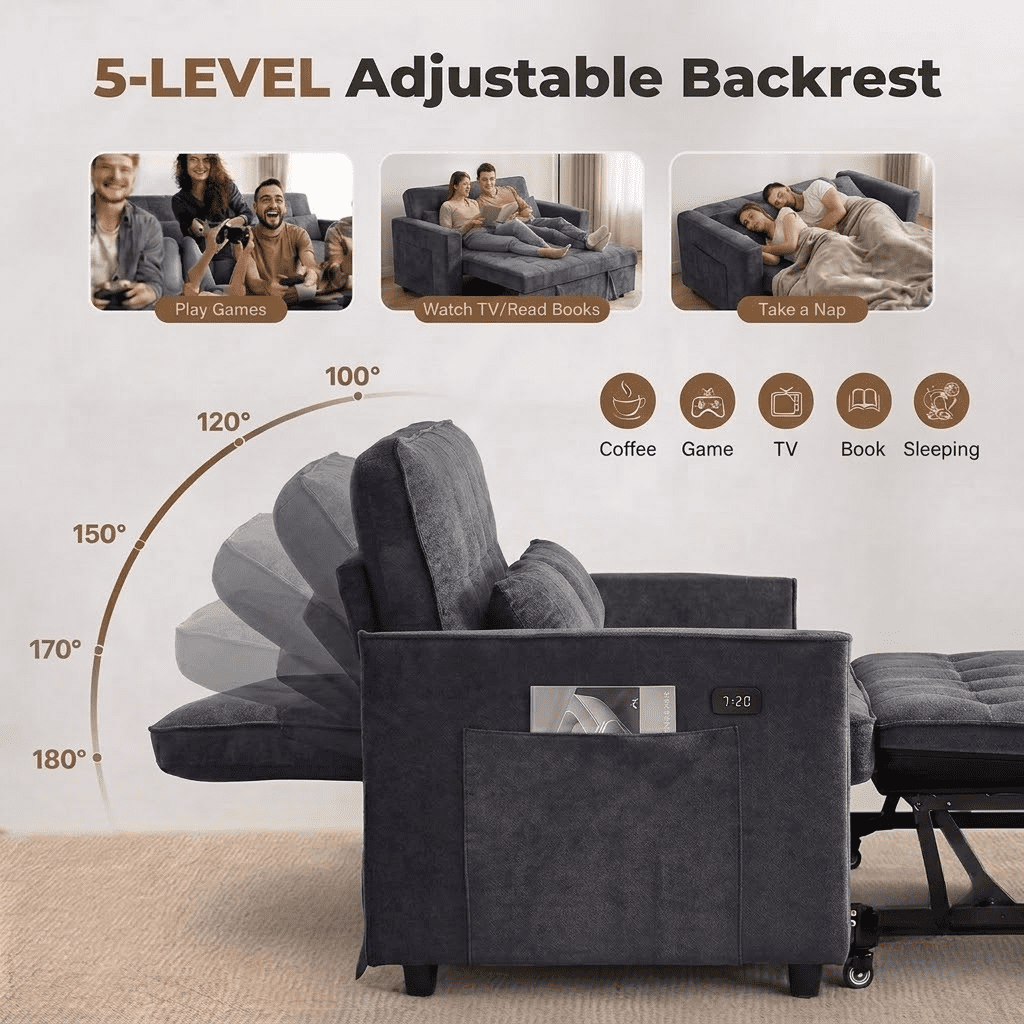 Howcool 55" Sleeper Sofa Bed, 3-in-1 Pull Out Convertible Loveseat Couch with 5-Level Adjustable Backrest, USB Port & Side Pocket, Terry Fabric Sofa for Living Room, Bedroom & Small Spaces, Black