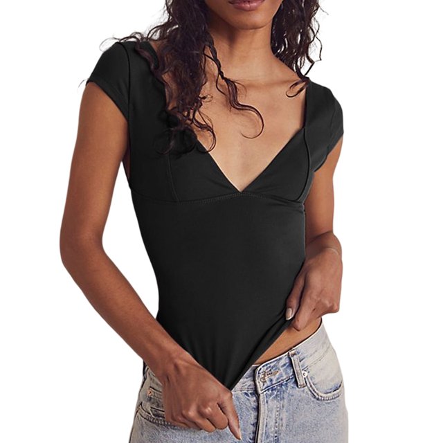 Blusas Cortas Camiseta informal para mujer, camiseta de moda con cuello en V, camiseta de viaje para ir de compras (negro M) Ygjytge para Mujer Negro T M