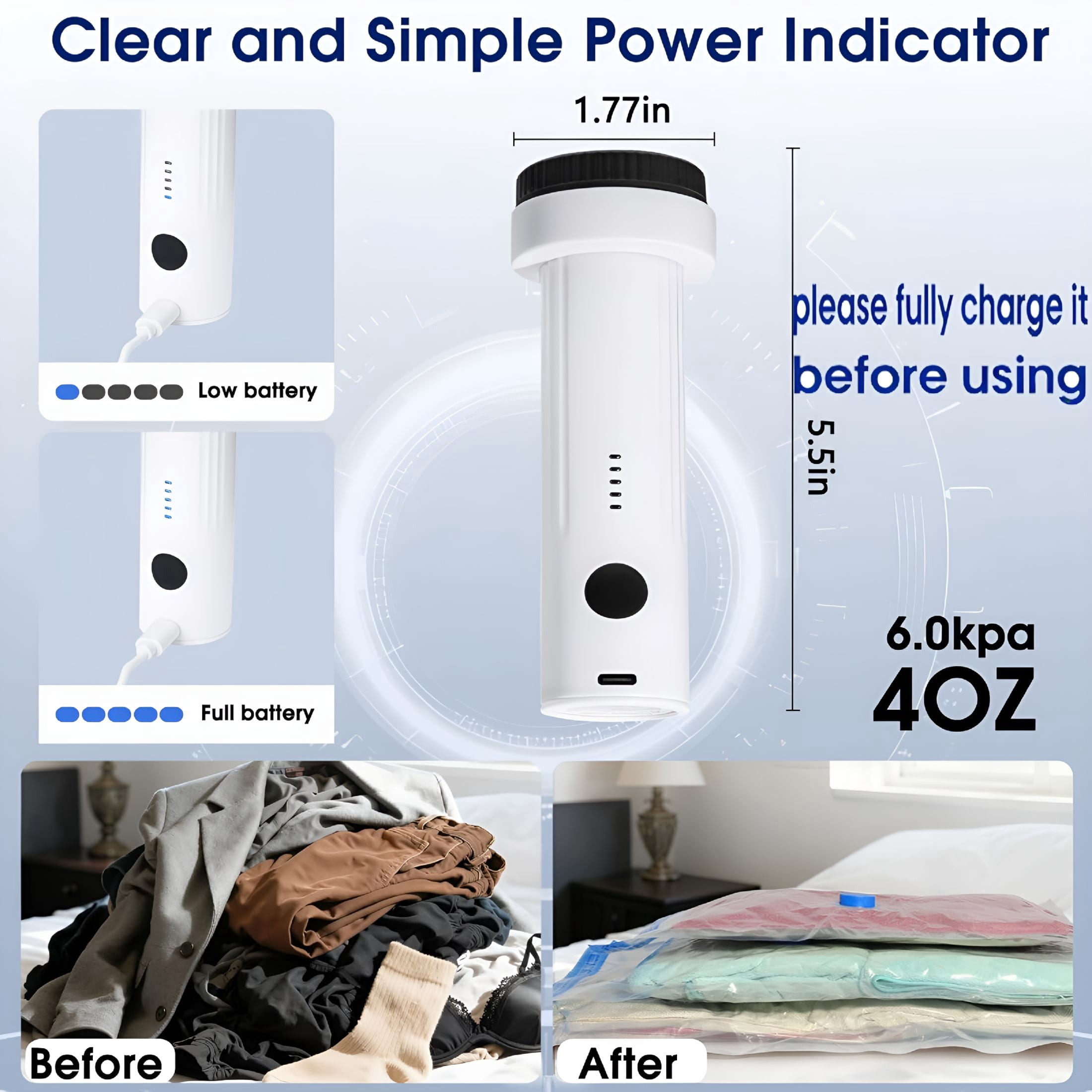 CURYMAY Cordless Electric Vacuum Pump for Storage Bags, USB Rechargeable Portable Vacuum for Travel Air Pump Compression Bag Pumps for Clothes Bedding