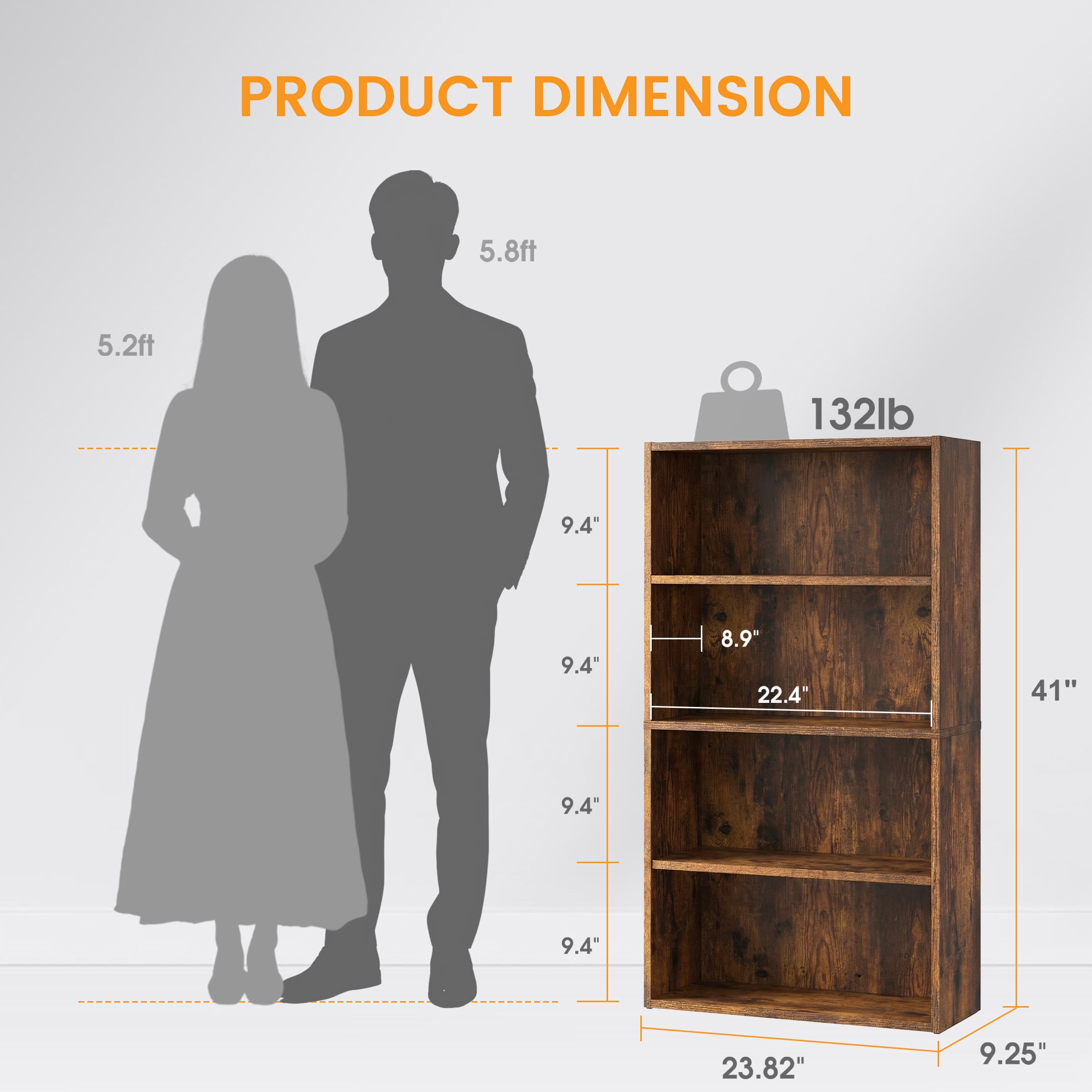 CONCETTA 4 Shelf Bookcase, 42 Inch Tall Floor Standing Open Bookshelf for Home Office and Living Room, Classic Rust