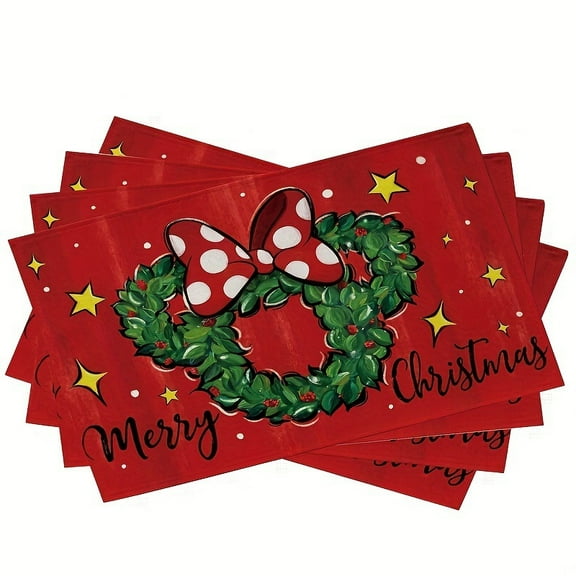 Merry Christmas Wreath Placemats Set of 4, Xmas Polka Dot Bow Holly Berry Red Dining Table Place Mats, Winter Star Holiday Kitchen Decor Party Home Decoration 12 x 18 Inch