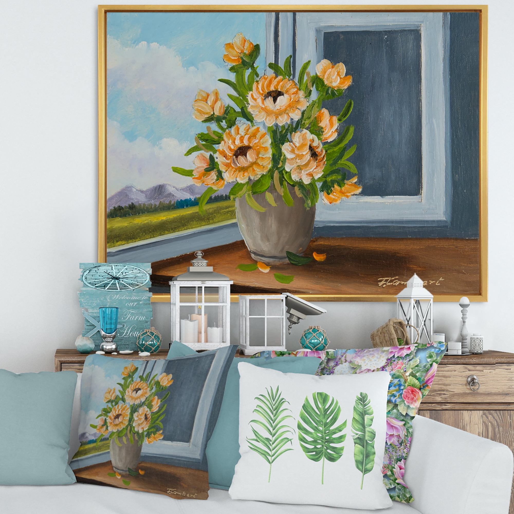 Designart 'Still Life With Orange Flowers In Vase At The Window' Traditional Framed Canvas Wall Art Print