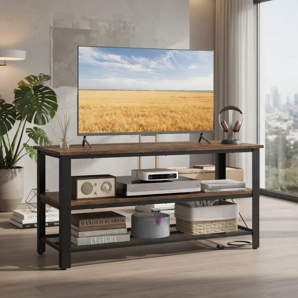 Demi Bonn 3-Tier Industrial TV Stand with Metal Mesh Shelf, Media Entertainment Center with Storage for Living Room, Brown