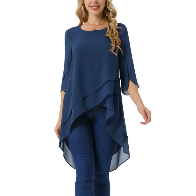 INSPIRAR CHIC Blusa de Chifón Asimétrica de Cuello Redondo para Mujer con Mangas de 3/4 y Volantes, Alta y Baja, Azul Oscuro, L