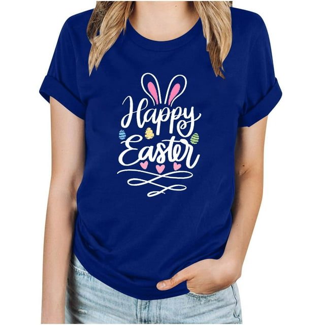 TIMIFIS T-Shirt Femme Joyeuses Pâques Décontracté Imprimé Lapin Graphique Mode Été Col Rond Manches Courtes