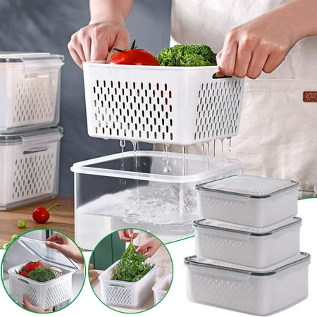 

3 Pack Fruit And Vegetable Storage Containers For For Fridge Draining Fresh Container 3 In 1 Product Storage Container With Lid And Colander