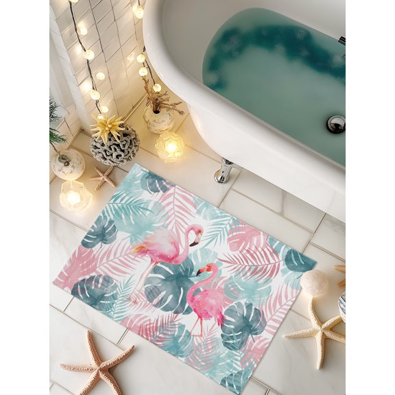 Doormat Pink Flamigo Front Door Mat Non Slip Absorbent Low Profile Floor Mat Teal Tropical Monstera Leaves Welcome Mats Entryway Rug for Entrance Kitchen Porch Indoor Outdoor Home Decor 16"x24"