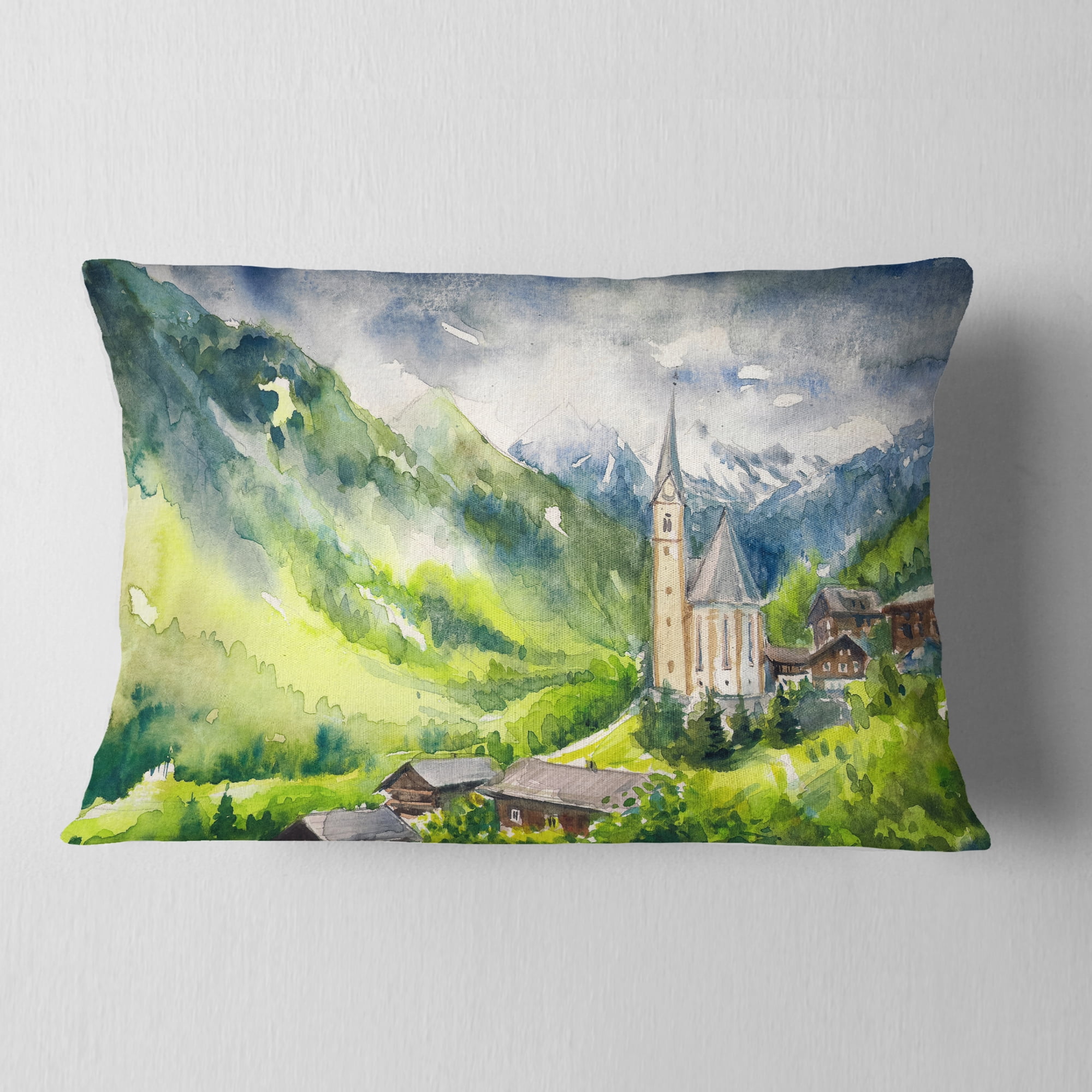 Designart Village Heiligenblut Watercolor - Landscape Painting Throw Pillow - 12x20