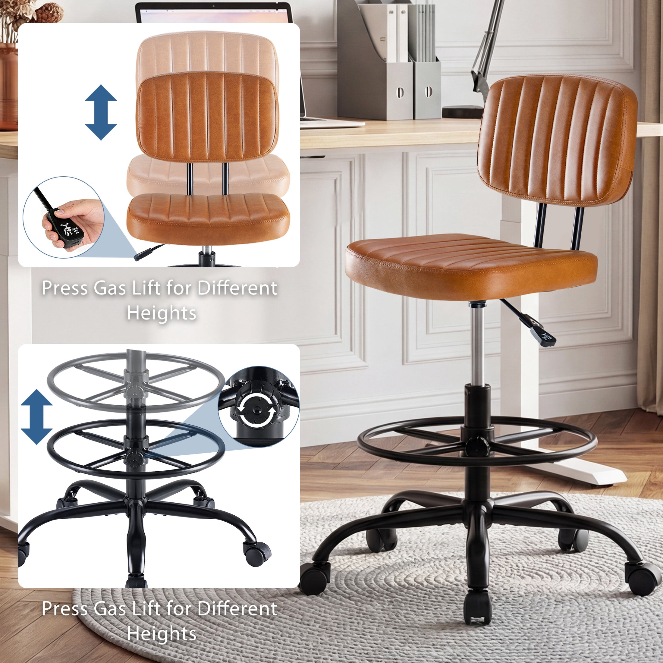 edx Adjustable Height & Foot Rest Office Desk Chairs with Backrest, PU Leather Modern Rolling Stool with Wheels 360°Swivel Task Chair for Home Office Bar Kitchen Shop(Brown)