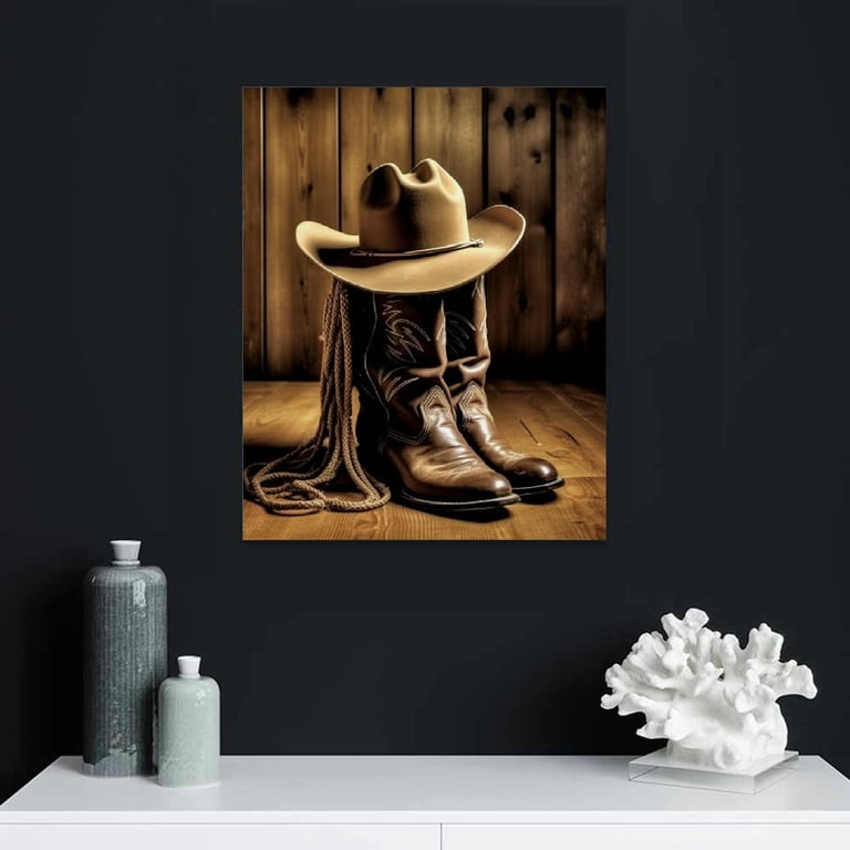 JRXY Canvas Wall Art Framed Western Decor Cowboy Hat Boot Saddle
