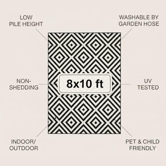 Outdoor Rug - 8x10 Outdoor Area Rug for - Easy to Clean - Black and White Diamond Pattern - Outside Rug by Joylee