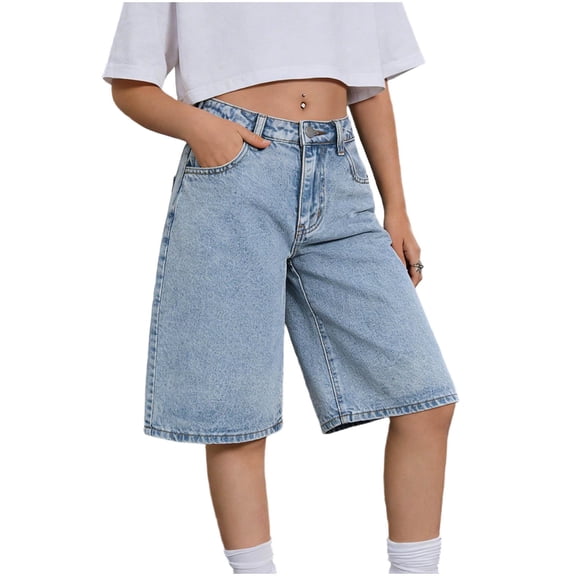 Fengactive Girls Zip Button High Waist Straight Knee Length Denim Bermuda Pants Trendy Loose Fit Casual Teen Bottoms 13T-18T