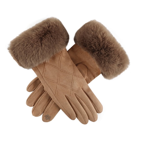 hoksml Women's Quilted Pattern Gloves Suede Leather with Faux Fur Cuff for Fashion and Warmth