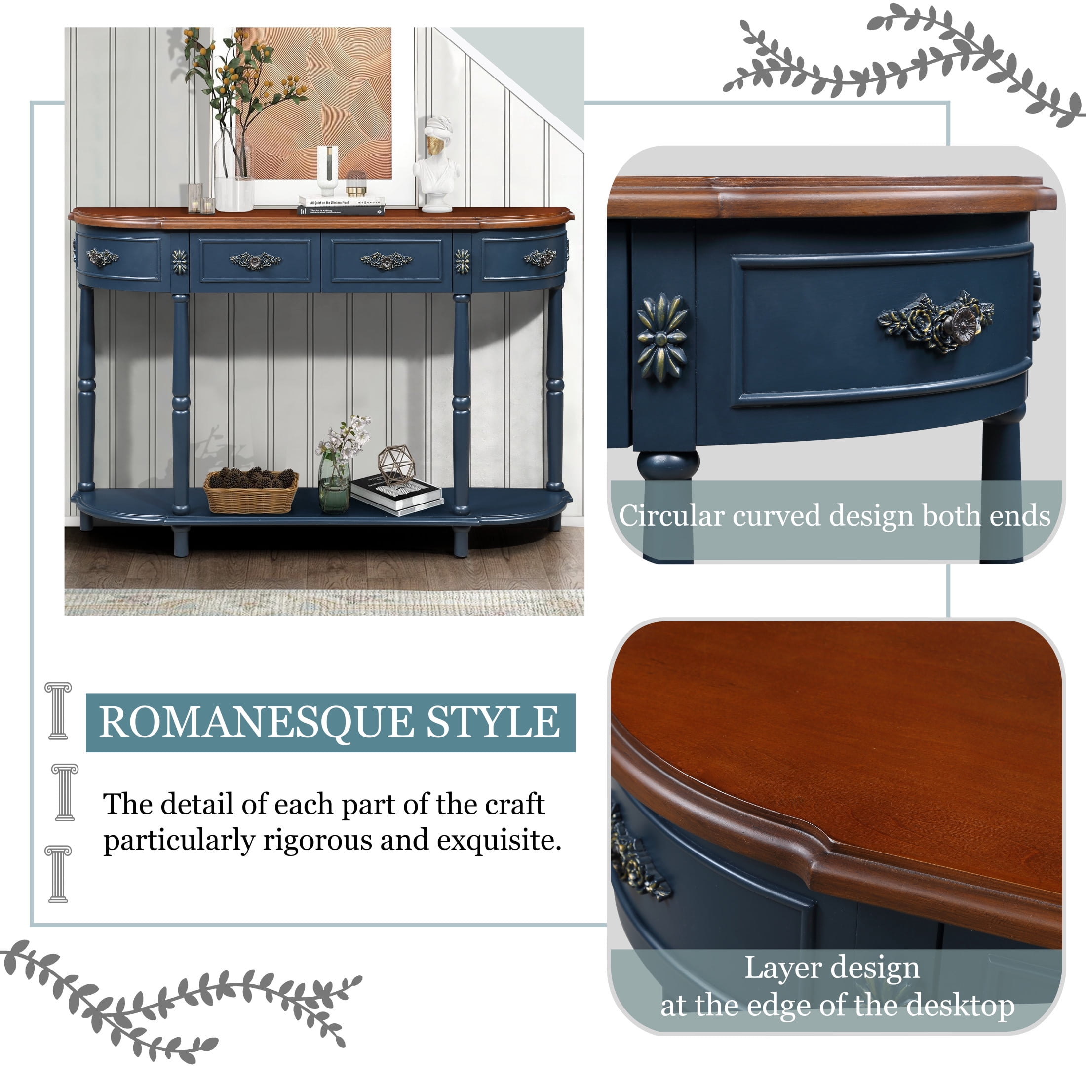 Noble House Ernestine Console Table, Pine Wood Frame with Drawers and Shelf, Half Moon Entryway Table, Navy Blue