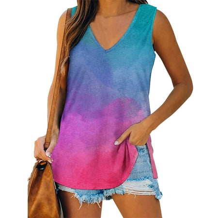 Dtydtpe 2024 Clearance Sales  Tank Top for Women  Womens Casual Tie Dye Printing V Neck Tank Sleeveless Vest T Shirt Blouse Tops Womens Tops Pink