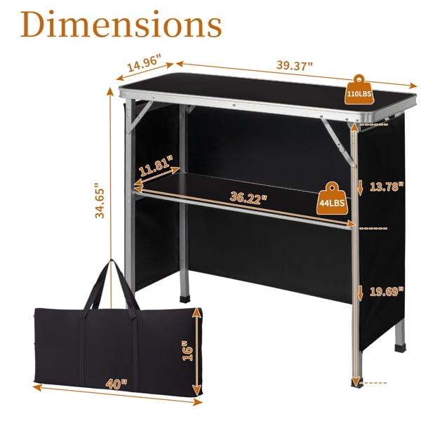 Portable Folding Bar Table with Shelf, Tradeshow Podium Table with Black Skirt and Carrying Bag, for Indoor Outdoor Party Picnic Exhibition