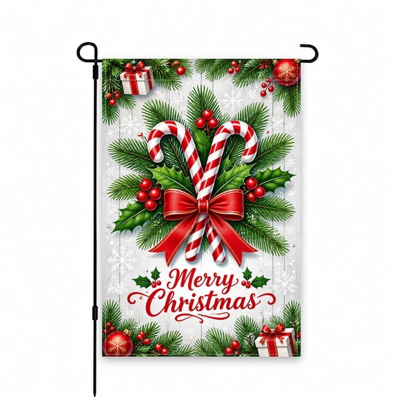 Christmas Garden Flag with Candy Canes, Pine Branches, Holly Leaves, Red Bows & Merry Christmas Text, 12 x 18 Inch Outdoor Patio Yard Décor