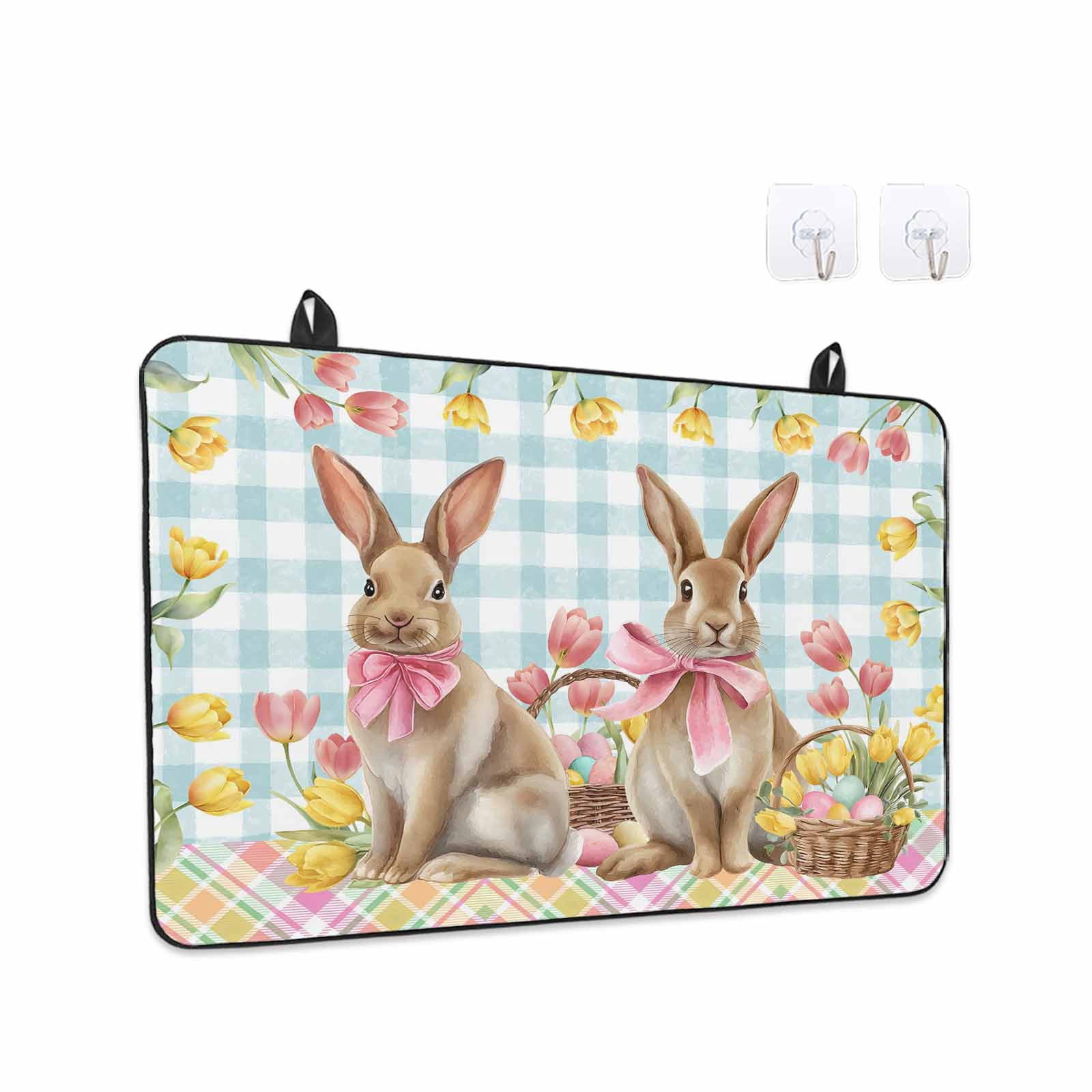 Easter Bunny Eggs Stove Top Cover for Electric Stove, Heat-proof & Non Slip Glass Top Stove Cover Protector, Spring Tulips Farm House Rabbits Blue Plaid Kitchen Flat Cooktop Rubber Mat 24x21 Inches