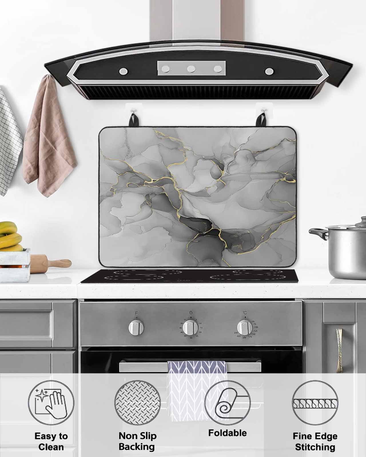 nqOlkjepod Large Induction Cooktop Protector Mat 24"x21", Gray Marble Texture Stove Top Covers for Electric Stove, Vintage Greyish Golden Texture Stove Burner Cover Mats, Glass Top Stove Cover