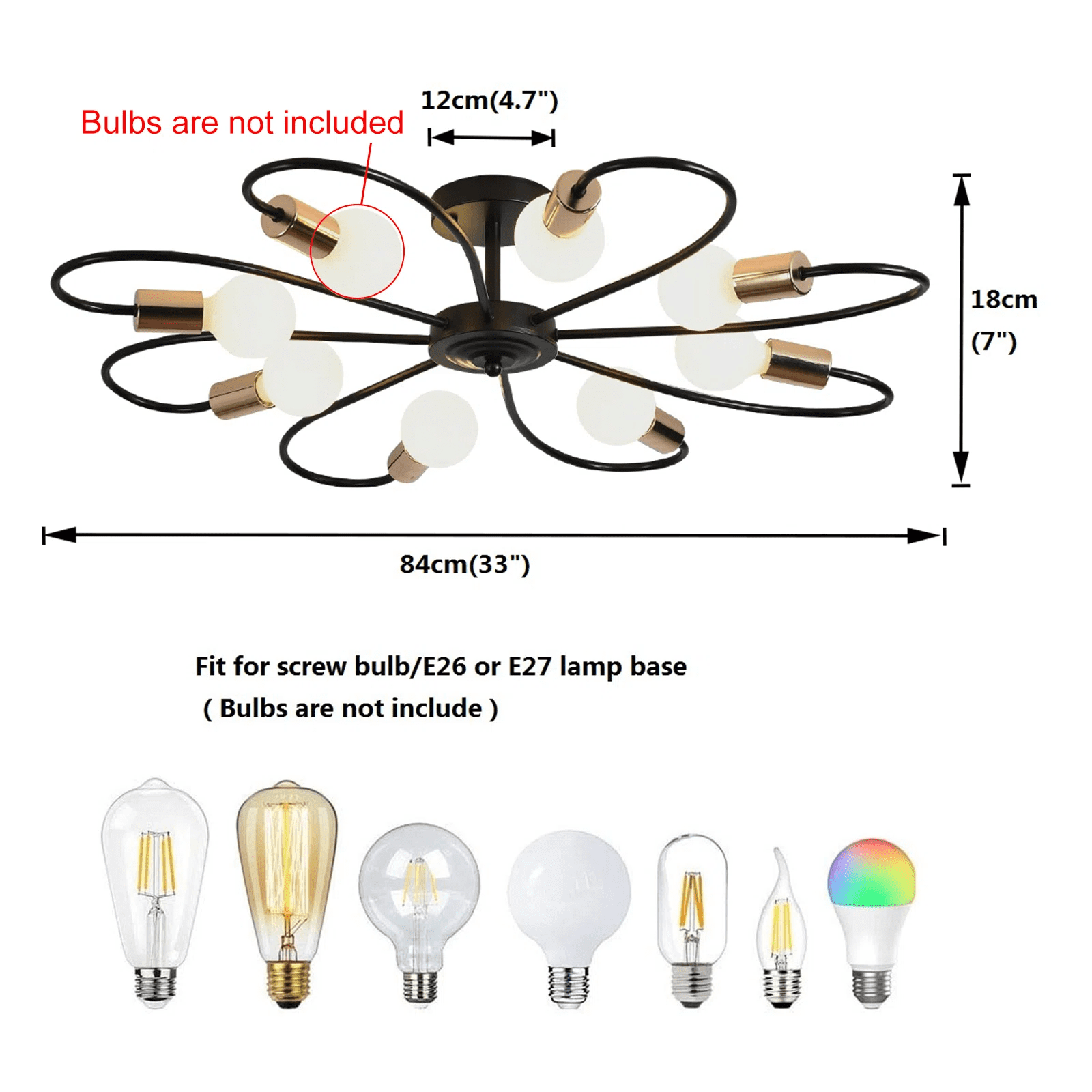 Ganeed 8-Light Semi Flush Ceiling Light, Modern Sputnik Chandeliers , Industrial Vintage Ceiling Lamp Fixture for Kitchen Dining Living Room Bedroom (Black&Gold)
