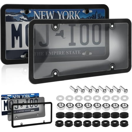 2 Pack Car Smoked License Plate Covers Frame Shield Combo - Unbreakable License Plate Tinted Cover Novelty Fits All Standard US Plates,Bubble Design License Plate Holder with Screws & Caps(Black)