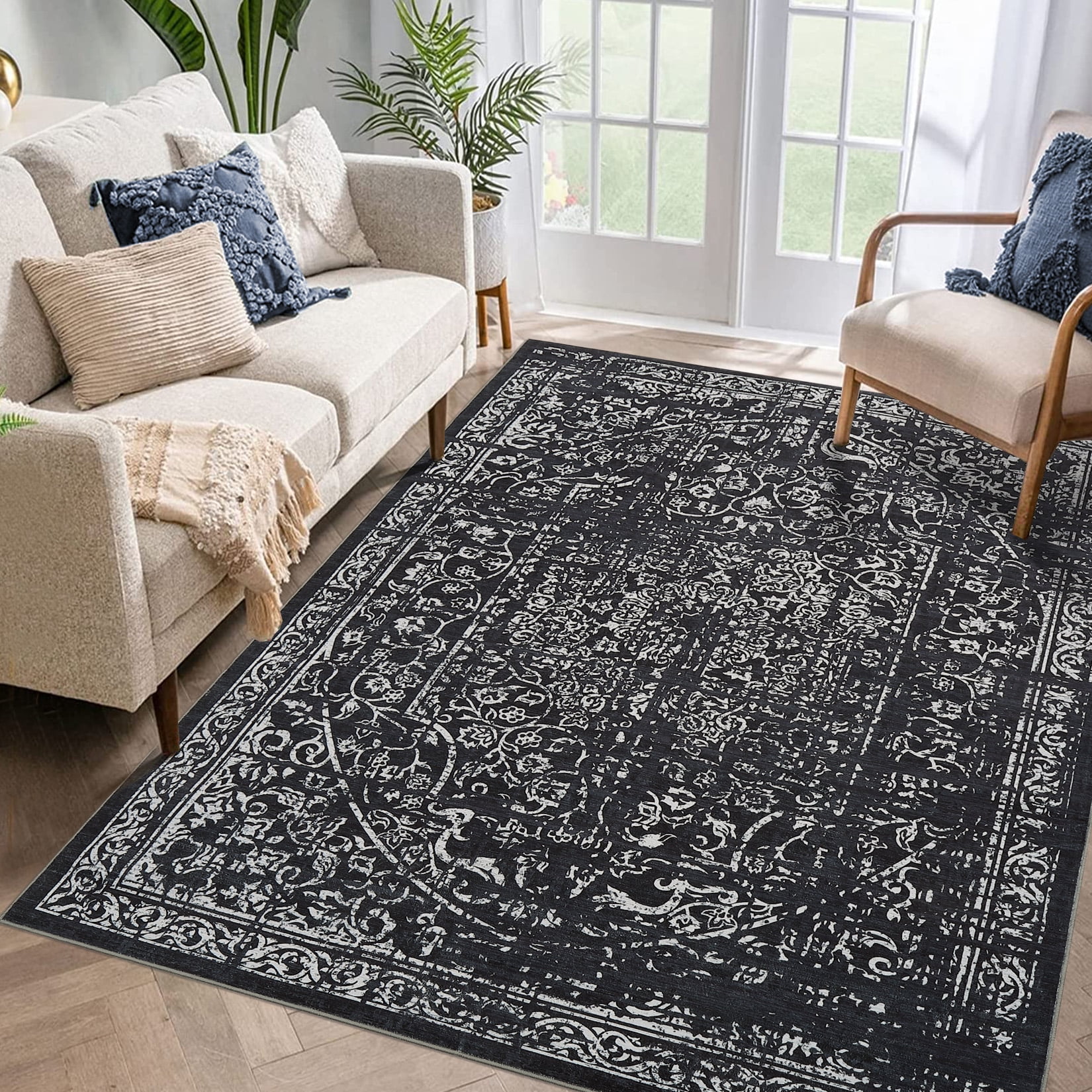 Hasoo 4' x 6' Area Rug for Living Room Boho Vintage Rug Non Slip Throw Rugs Floral Indoor Carpet, Black