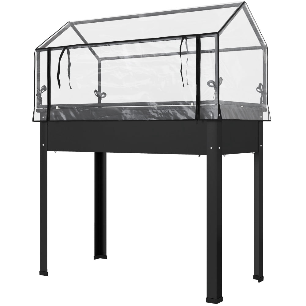 2-in-1 Raised Planter Box with Greenhouse Cover, Elevated Garden Bed with Flip-Up Door, Metal Steel Frame, Drainage Hole, 110 Lbs Capacity for Outdoor Plants Vegetables Herbs