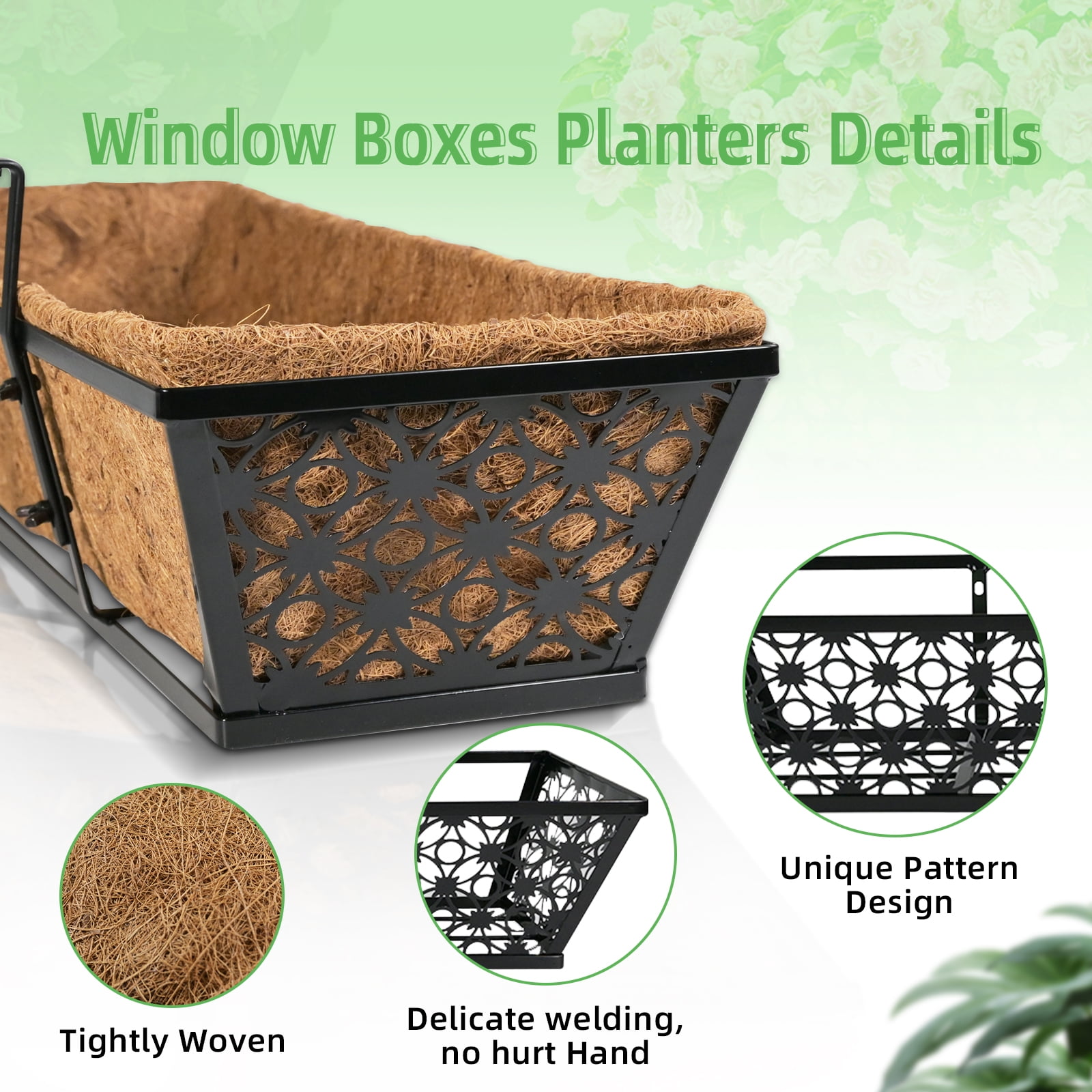 Balcony Planters Railing Hanging 24 Inch 4 Pack Window Boxes with Adjustable Bracket and Coco Liner for Porch, Fence, Patio Hanging Planters for Garden Outdoor