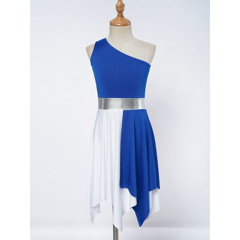 YONGHS Kids Girls One Shoulder Color Block Praise Dance Dress Tunic Worship Lyrical Liturgical Robe Dress Blue 6 Walmart