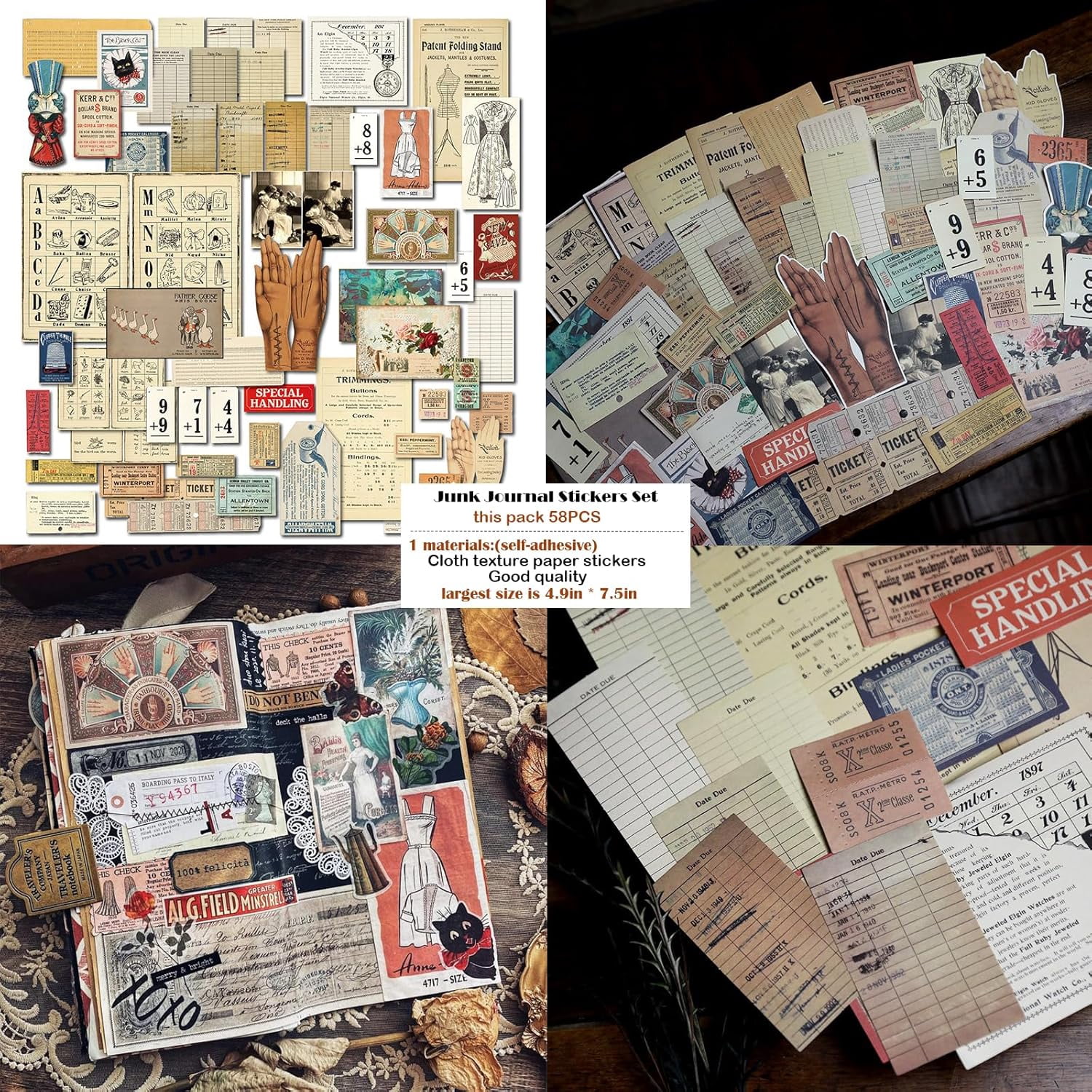 4 Packs Vintage Junk Journal Mixed Media Paper and Stickers Collage Kit Journaling Decoupage Supplies for Adults Scrapbook Craft Starter Ephemera Embellishments Photo Frame Album Art Aesthetic Decor