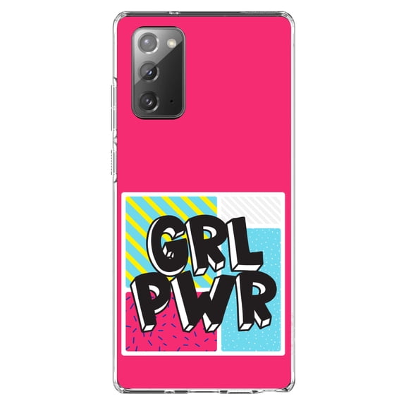 DistinctInk Clear Shockproof Hybrid Case for Samsung Galaxy Note 20 (6.7" Screen) - TPU Bumper, Acrylic Back, Tempered Glass Screen Protector - Girl Power - GRL PWR - Pink Background